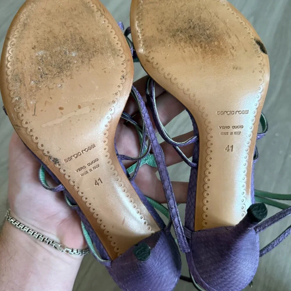 Sergio Rossi Purple Strappy Heels with Mint Green Insole - Picture 6 of 6